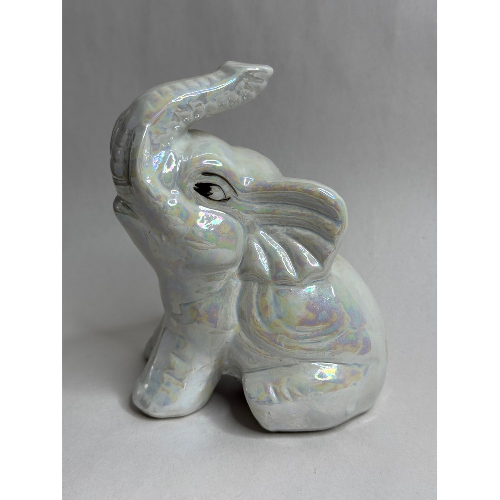 Vintage Iridescent Ceramic Elephant Figurine Trunk Up Lucky Charm‎ Home Decor